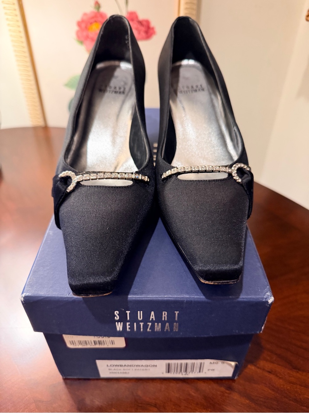 Stuart Weitzman Black Satin Pointed Pumps with Crystal Bar